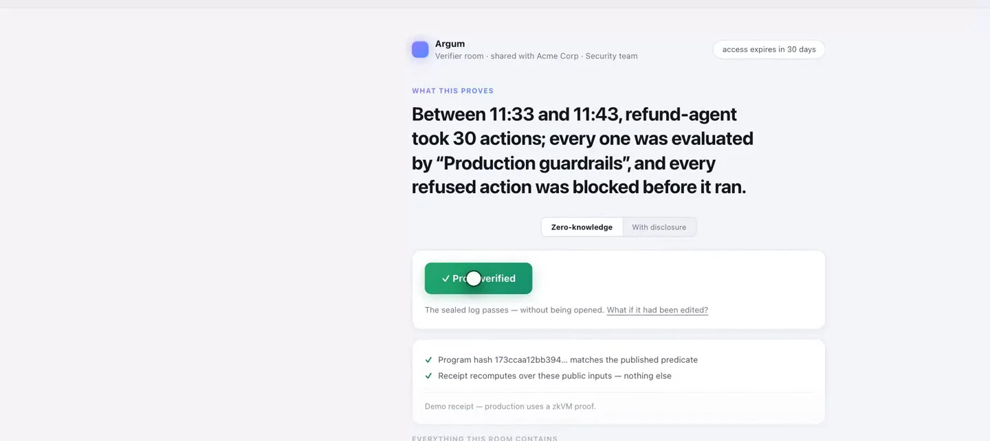 A verifier room shared with a customer's security team, access expiring in 30 days: a plain-language claim about one agent's actions, and a proof-verified state checked in the browser.